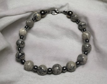 Grey Jasper and Black Hematite beaded bracelet.