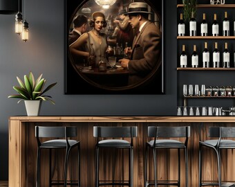 Art Deco Speakeasy: Old Man & Woman Print - Photobashing, Tondo, Layered Composition. Captivating Scenes. Poster. Wall Art. Decor