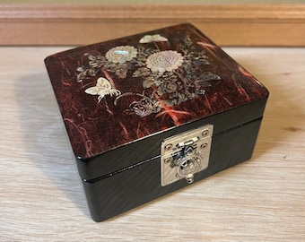 Vintage Lacquered Wood Box with Flowers and Butterflies