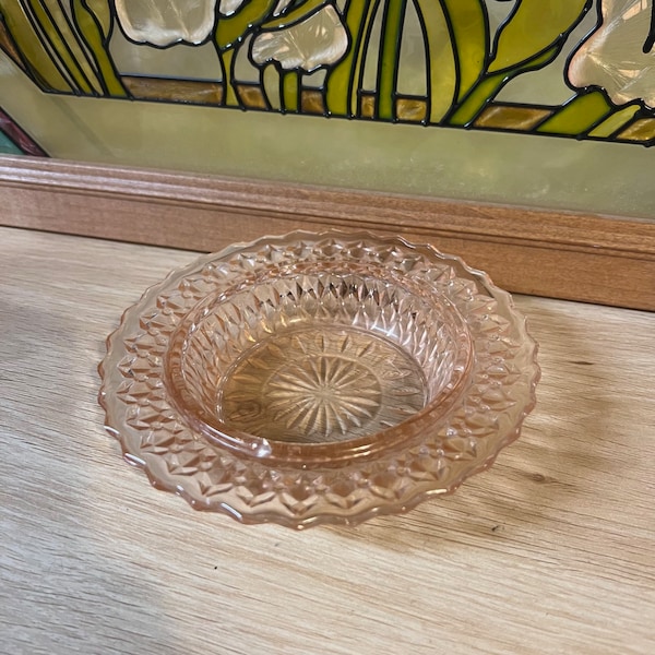 Vintage Pink Holiday Buttons & Bows Depression Glass Round Butter Dish