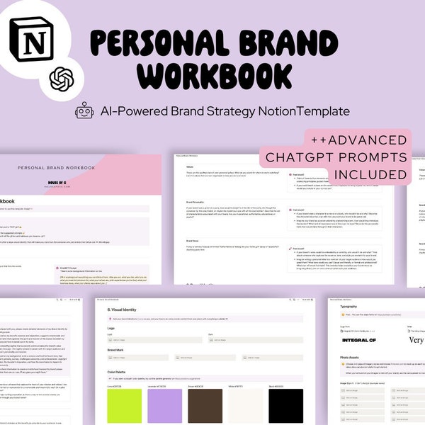 Personal Brand Workbook, Brand Identity Notion Template, Business Branding Strategy Planner, AI Prompts, ChatGPT Prompts