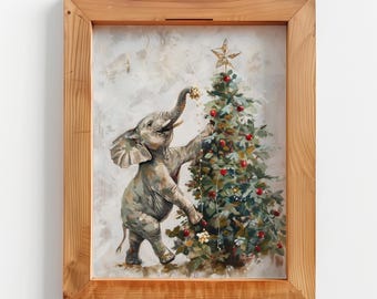 Whimsical Elephant Christmas Tree Decor Canvas, Holiday Watercolor Painting, Festive Animal Artwork, Winter Home Decoration
