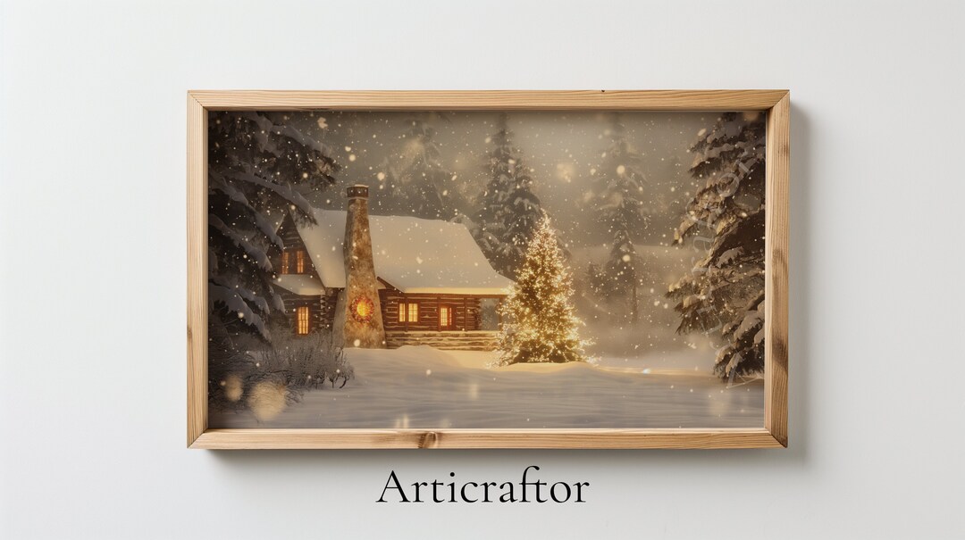 Winter Snowy Nature Triptych. Reindeer, Log Cabin, Pine Tree