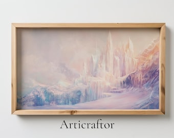 Ethereal Ice Castle Canvas, Magical Fantasy Landscape, Dreamy Winter Wonderland, Frozen Fairy Tale Kingdom, Pastel Snowy Mountains