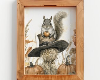Autumn Squirrel Illustration Canvas, Whimsical Woodland Creature, Fall Harvest Scene, Thanksgiving Decor, Cozy Seasonal Art