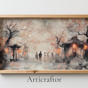 Enchanted Japanese Garden Canvas, Cherry Blossom Lanterns, Ethereal Landscape, Misty Spring Evening, Traditional Asian Scene, 60 x 30 in