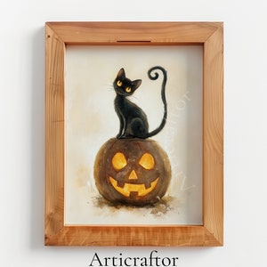 Halloween Black Cat Pumpkin Canvas, Spooky Autumn Decor, Witchy Gothic Fall Wall Art, Whimsical Kitten Jack O Lantern, Samhain