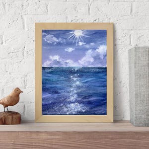 Ocean seascape, original watercolor painting, sunny beach, seascape painting, handpainted wall art, handmade home decor, purple and blue