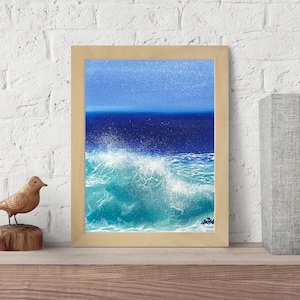 Coastal Beach oil painting| original seascape painting, blue ocean art, ocean and sea room decor, beach themed wall poster (9x12 inches)