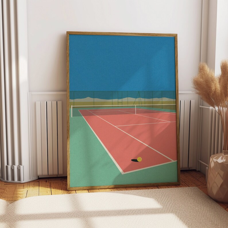 A stunning vintage nineties style tennis art. Has vibrant pinks and greens