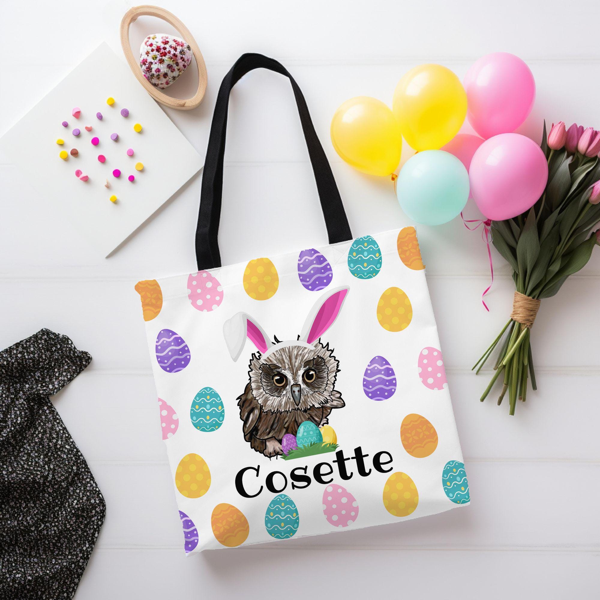 Personalized Easter Tote Bag with Hand Drawn Owl Graphic with Bunny Ears and Easter Eggs
