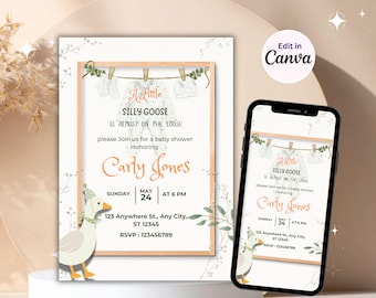A Little Goose Baby Shower Invitation, Goose Baby Shower Invite Girl, Editable Canva Template, Baby Shower Evite, Instant Download