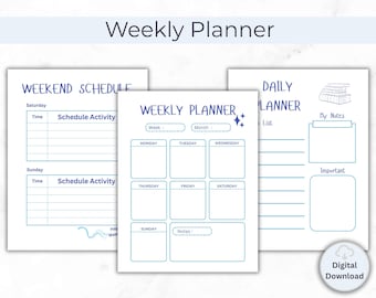 May include: Three white paper sheets featuring blue text and lines. The left sheet is a Weekend Schedule, the center is a Weekly Planner with days of the week, and the right is a Daily Planner with a book illustration and Digital Download icon.