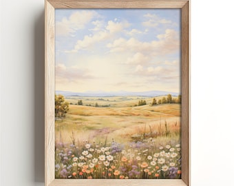 Countryside Landscape Painting | Featuring Meadow Wildflowers, Perfect Farmhouse Wall Decor in Spring | Digital Printable Download | B7
