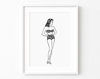 Retro picture vintage poster glam model art print 1950s fashion black and white illustration for you housewarming gift home decoration instant download