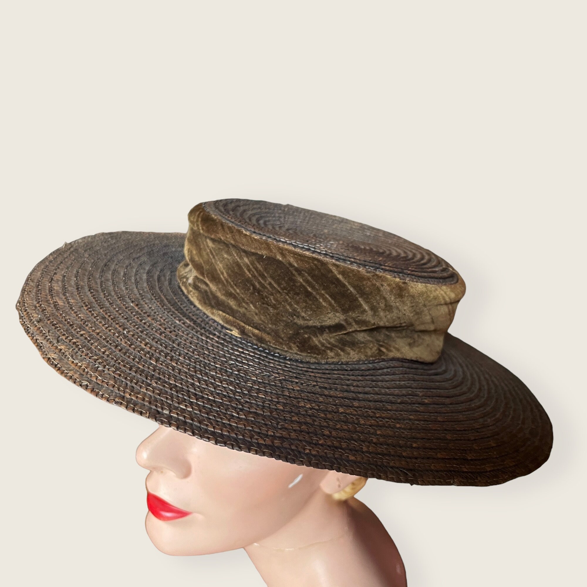 1900s Hat Charming Edwardian Straw Boater Hat With Velvet Band Etsy