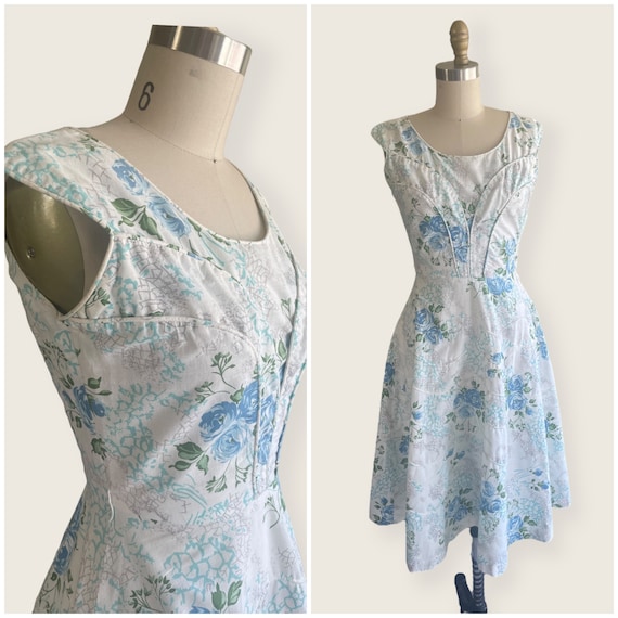 1950s Dress | Sweet 50s Blue Rose Floral Print Dr… - image 1