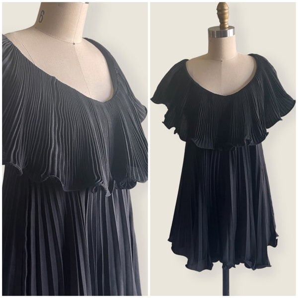 1960s Dress | Charming 60s Black Pleated Mini Dress with Caplet - Size XS