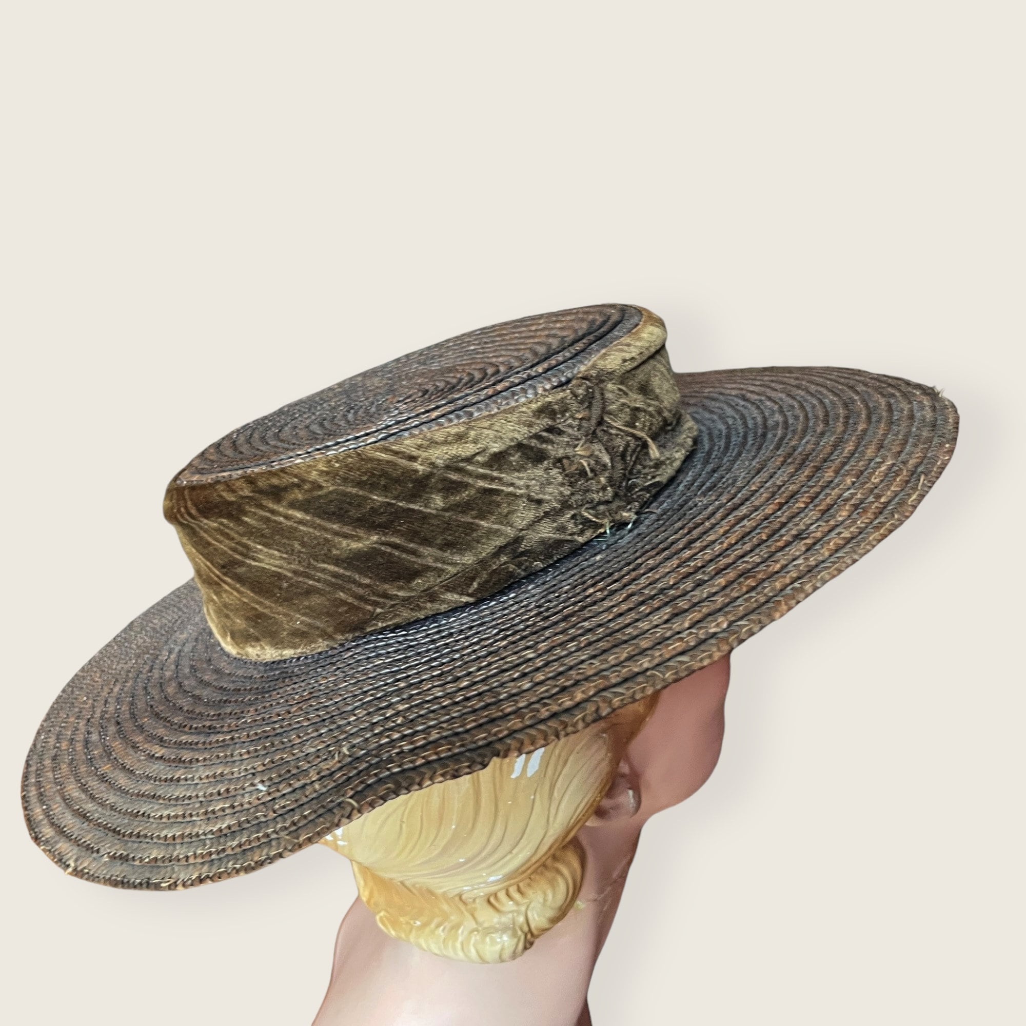 1900s Hat Charming Edwardian Straw Boater Hat With Velvet Band Etsy