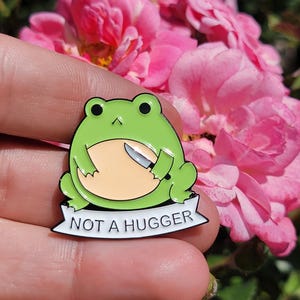 May include: A green frog enamel pin holding a knife, with the text "NOT A HUGGER" on a white banner. The frog has black eyes and a tan belly. The background features pink roses.