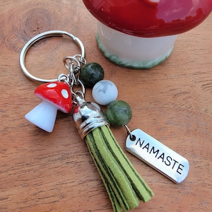 Mushroom keychain, mushroom, fairy, fairytale, namaste, namaste keychain, cottagecore, Custom keychain, Cute keychain, Nature, Good Vibes,