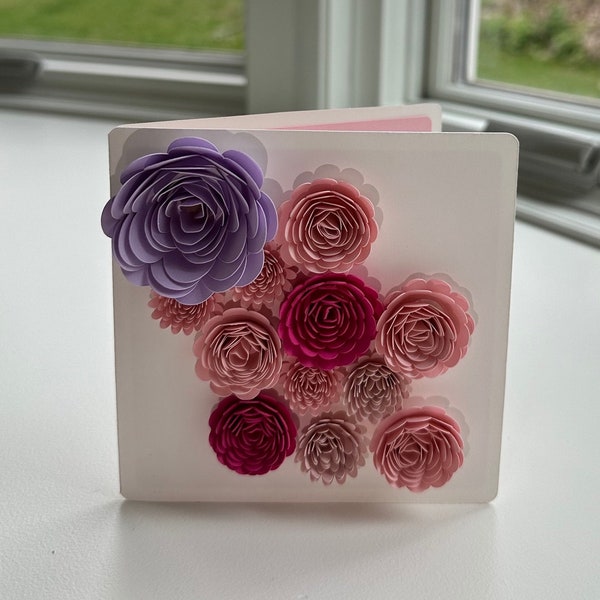 Lavender flower blooms 3D card  |  Mother’s Day card with 3D pink and purple paper flower arrangement