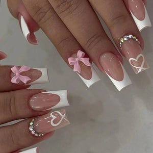 Pink & White French Tip Croquette Acrylic Press On Nails | Pink Bow Charms + White Heart Accents | Silver Rhinestone Designs | Reusable Sets