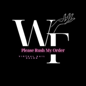 Op de afbeelding: Wit logo met de letters "WF" en de tekst "Please Rush My Order" in roze. Onder de tekst staat "VIRTUAL NAIL SALON" in wit.