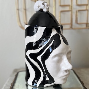 Large Head Canister Figure Skull Lidded Piece Groovy Stripes Bust Sculpture Black White Jar / Surreal / Hand Sculpted One of a kind