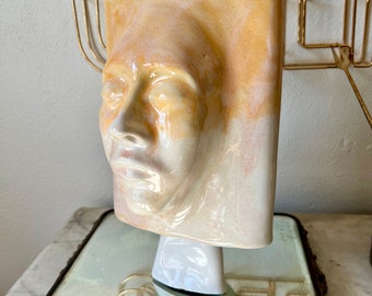 Figure Vase Face Head Bust Sculpture Hand Sculpted Retro Mod Style Orange Peach White Figurative Art