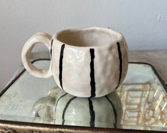 Ceramic Mug Black and White Pinstripe Handbuilt Pinched Mug