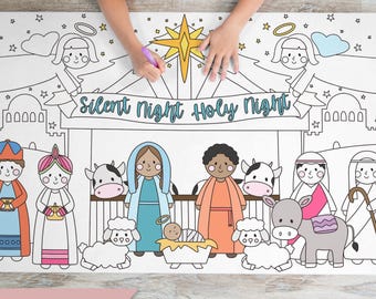 May include: A large, white coloring sheet featuring a nativity scene with characters like Mary, Joseph, baby Jesus, and the three wise men. The sheet is 6 feet long and includes the text "Silent Night Holy Night".