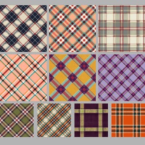 Może przedstawiać: Kolekcja dziesięciu różnych próbek tkanin z różnymi wzorami w kratę i tartan. Projekty obejmują ukośne i proste linie siatki w różnych kombinacjach kolorystycznych, takich jak granatowy, brzoskwiniowy, kremowy, musztardowy, fioletowy, oliwkowy i pomarańczowy.