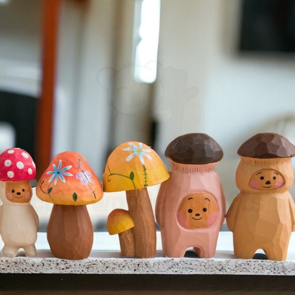 Wooden mushroom ornaments,Cute mushroom figurines,Mushroom man,Mushroom wood carving,Hand painted carvings,Cute Mushroom Decor,Birthday Gift