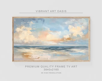 Samsung Frame TV Art: Serene Sunrise Seascape Oil Painting - Soft Dreamy Depictions in Light Sky-Blue and Beige Tones for Coastal Home Decor