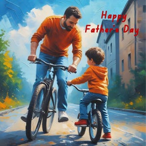 Une carte pour la fête des pères représentant un père et son fils faisant du vélo ensemble.