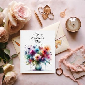 Boeket bloemen in een vaas Moederdagkaart om te downloaden en af te drukken.