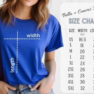 May include: Size chart for Bella + Canvas 3001 t-shirts, showing width and length measurements in inches for sizes XS to 5XL.