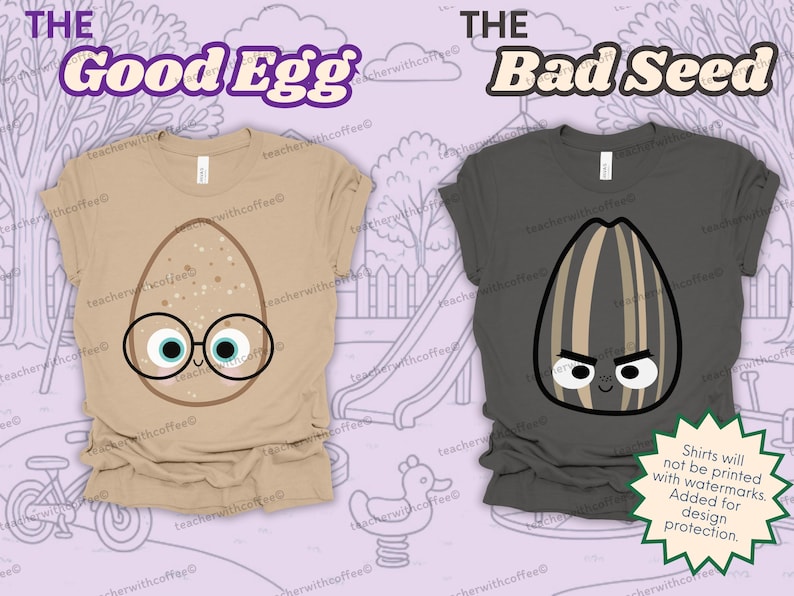 May include: Two t-shirts with cartoon egg and seed designs. The tan shirt features an egg with glasses and the text "The Good Egg." The dark gray shirt displays a seed with an angry face and the text "The Bad Seed."