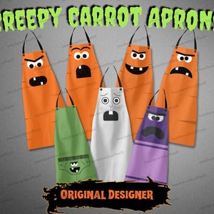 May include: A selection of aprons featuring cartoon carrot and vegetable designs. The aprons are orange, green, white, and purple, each with a different facial expression. The text "CREEPY CARROT APRONS" is at the top.