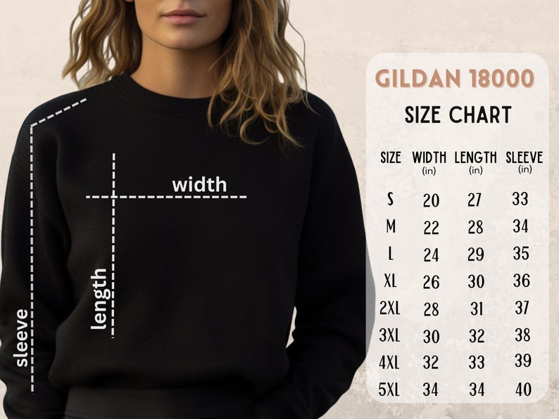 May include: A size chart for Gildan 18000 sweatshirts, showing measurements in inches for width, length, and sleeve length for sizes S through 5XL.
