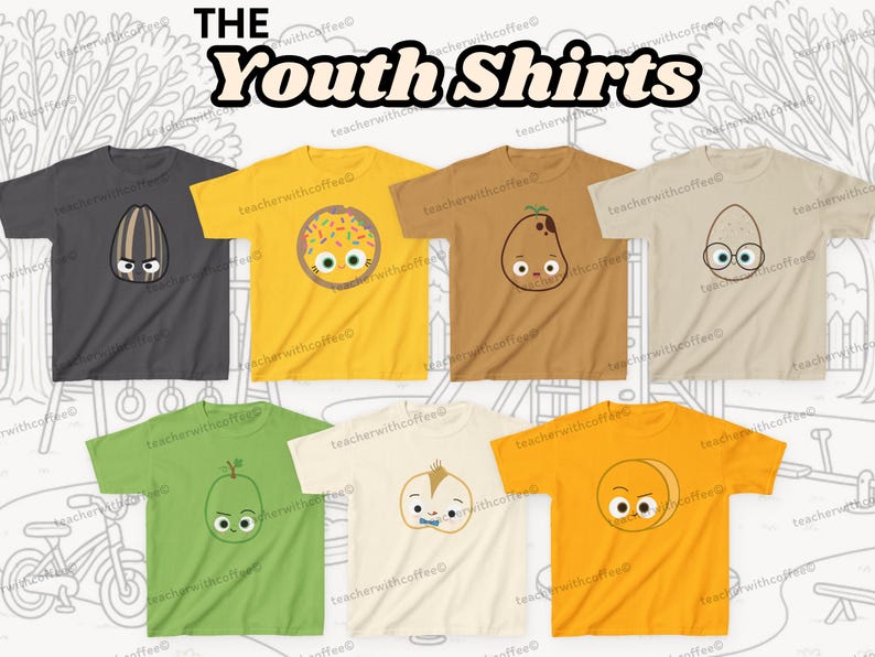 May include: Collection of youth shirts in various colors, each featuring a cartoon fruit or seed design. The shirts are displayed on a white background with the text "THE Youth Shirts" at the top.