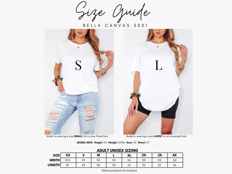 May include: Size guide for Bella Canvas 3001 t-shirts. The image shows two models wearing white t-shirts, one in size small and the other in large. The size chart provides measurements in inches for adult unisex sizing, including width and length.