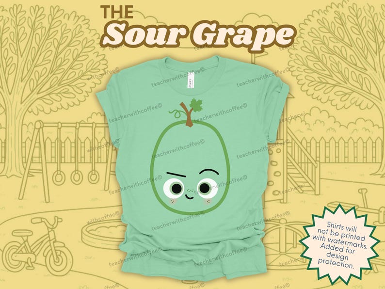 May include: A light green t-shirt with a cartoon illustration of a sour grape. The grape has a stem and leaf, with a grumpy face. The text "THE Sour Grape" is above the graphic.