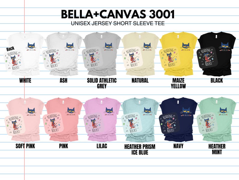 May include: A Bella + Canvas 3001 unisex jersey short sleeve tee in various colors, featuring a graphic of a cat reading a book with the text "Reading Rocks".