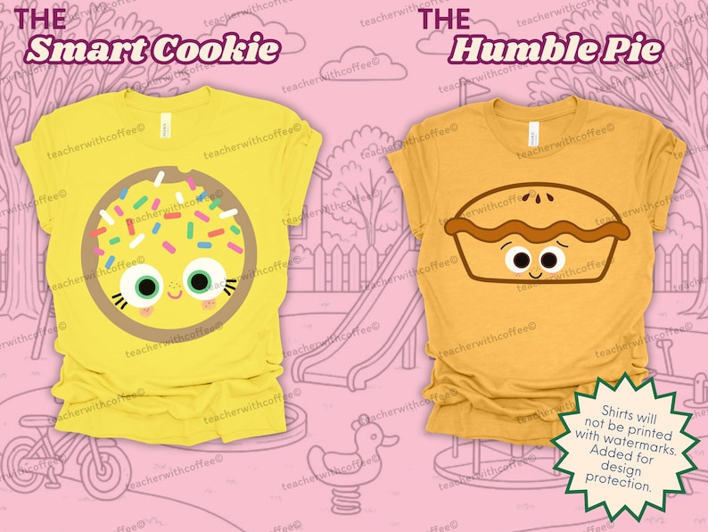 May include: Two yellow t-shirts with cartoon food designs. One shirt features a cookie with sprinkles and the text "The Smart Cookie." The other shirt displays a pie with a face and the text "The Humble Pie."