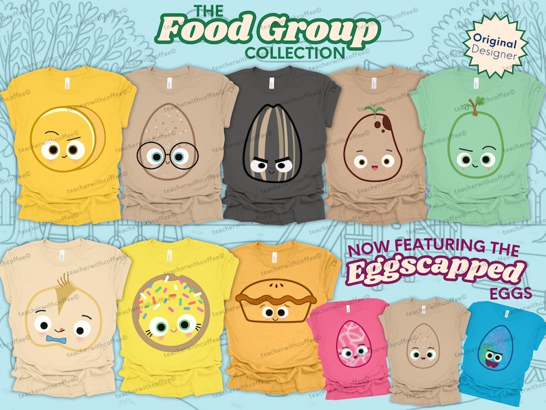 May include: A collection of colorful t-shirts featuring food-themed cartoon egg designs. The shirts are in various colors, including yellow, tan, gray, and pink, with the text "The Food Group Collection" and "Now Featuring the Eggscapped Eggs".