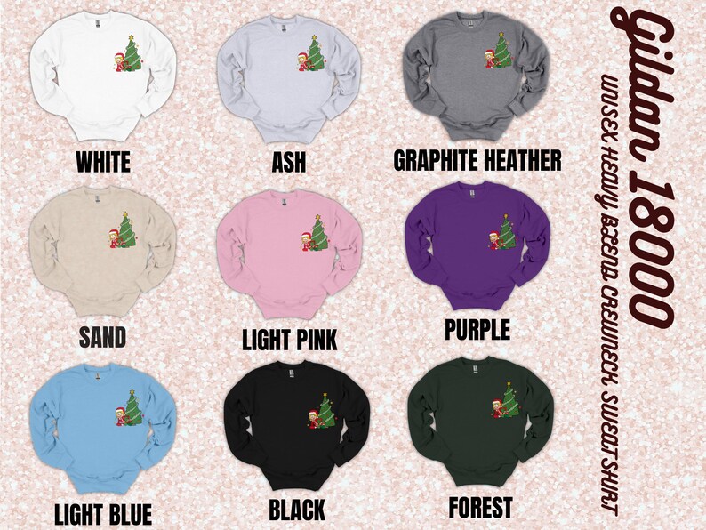 May include: A selection of Gildan 18000 unisex heavy blend crewneck sweatshirts in various colors, including white, ash, graphite heather, sand, light pink, purple, light blue, black, and forest. Each sweatshirt features a small graphic of a Christmas tree with a person standing next to it.