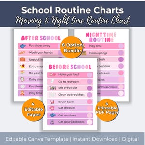 May include: A set of printable school routine charts with morning, night, and after-school schedules. The charts are in pink and white with icons for each task. Includes an 8-option bundle and 4 editable pages.