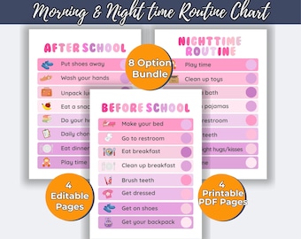 Puede incluir: Conjunto de gráficos de rutinas escolares imprimibles en rosa y blanco, con horarios de mañana, noche y después de la escuela. Los gráficos incluyen iconos de tareas y un paquete de 8 opciones y 4 páginas editables.